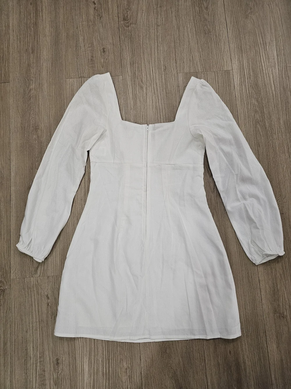 NWT Speechless White Linen Blend Long Puff Sleeve Square Neck Mini Dress in S&M - Picture 2 of 15